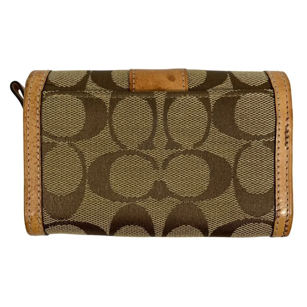 COACH Signature Logo Jacquard Bifold Wallet Tan Leather Trim + Zipper Pouch